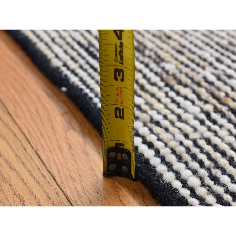 Ivory With Black 100% Wool Hand Loomed Modern Fragment Rug 1'10"x2'1"