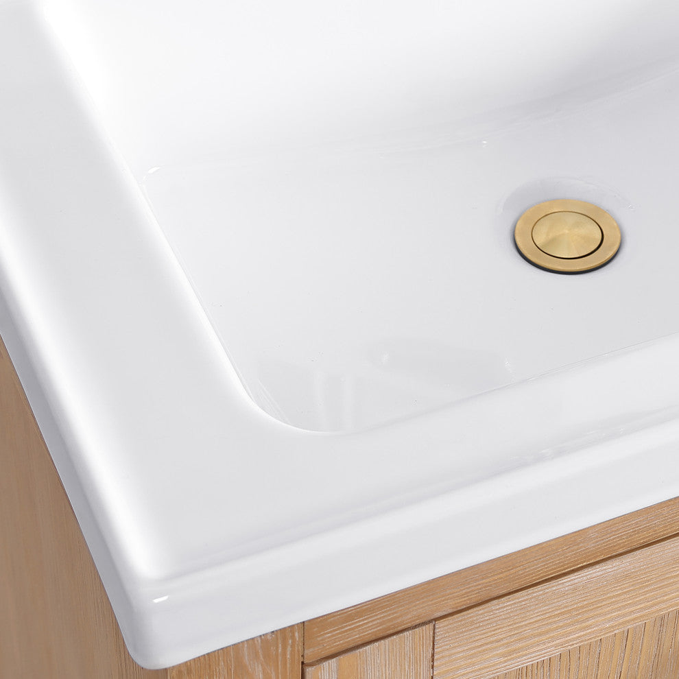 Gela Single Bath Vanity with Ceramic Basin Top, Fir Wood Brown, 24", No Mirror