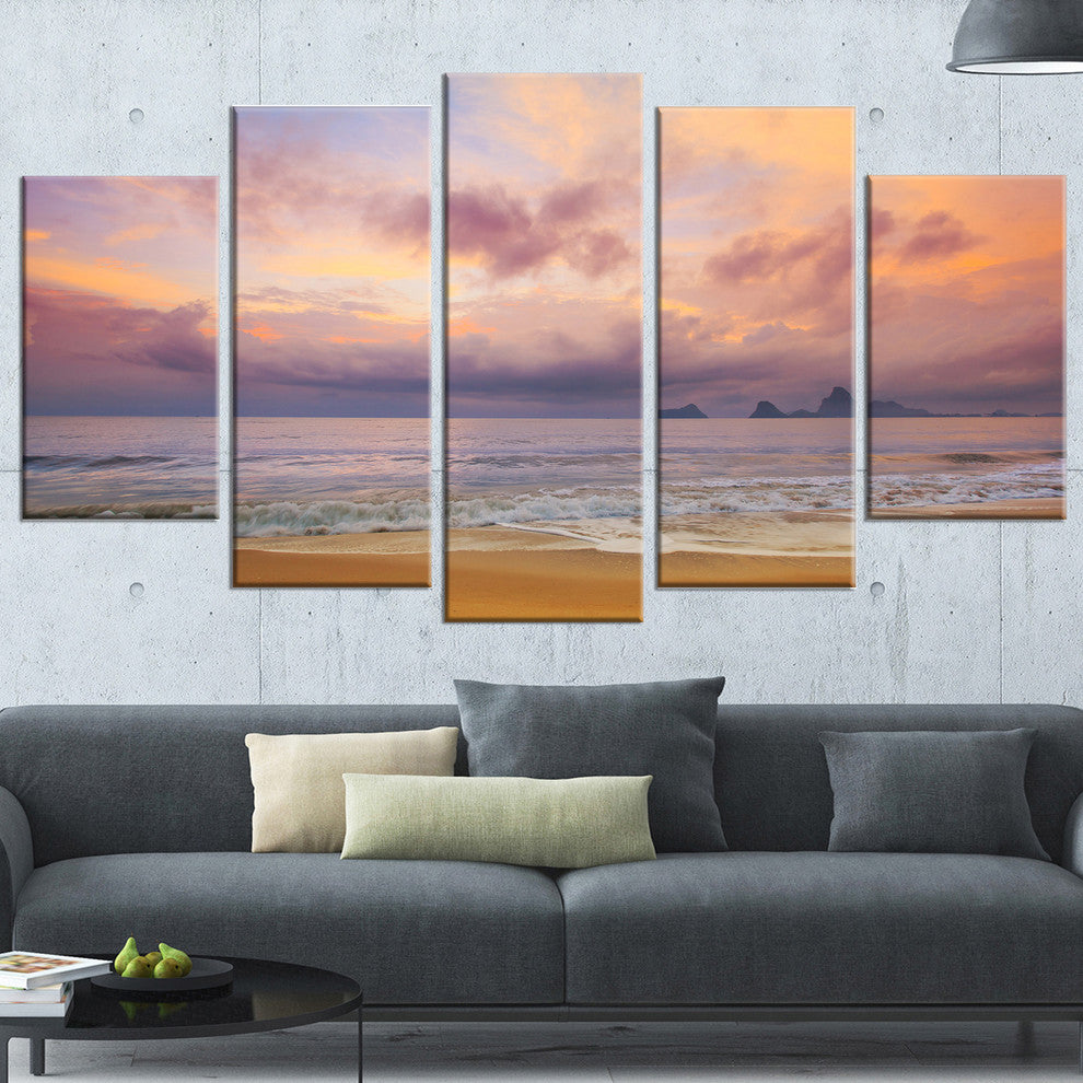 "Bright Morning Over The Sea" Modern Seashore Canvas Art, 5 Panels, 60"x32"