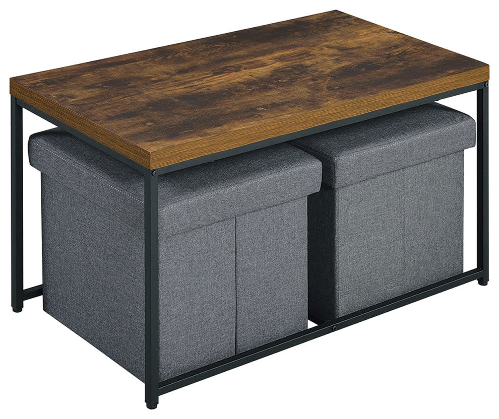 3-Piece Rectangle Coffee Table Set With Metal Base, Weathered Oak