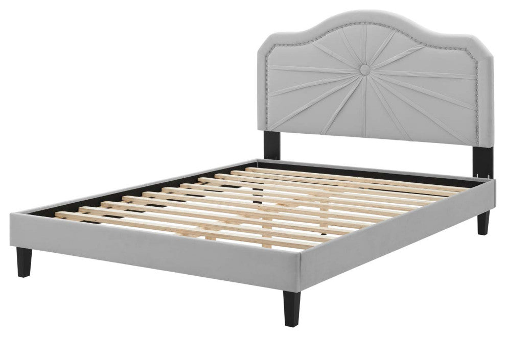 Platform Bed Frame, King Size, Velvet, Light Gray, Modern Contemporary