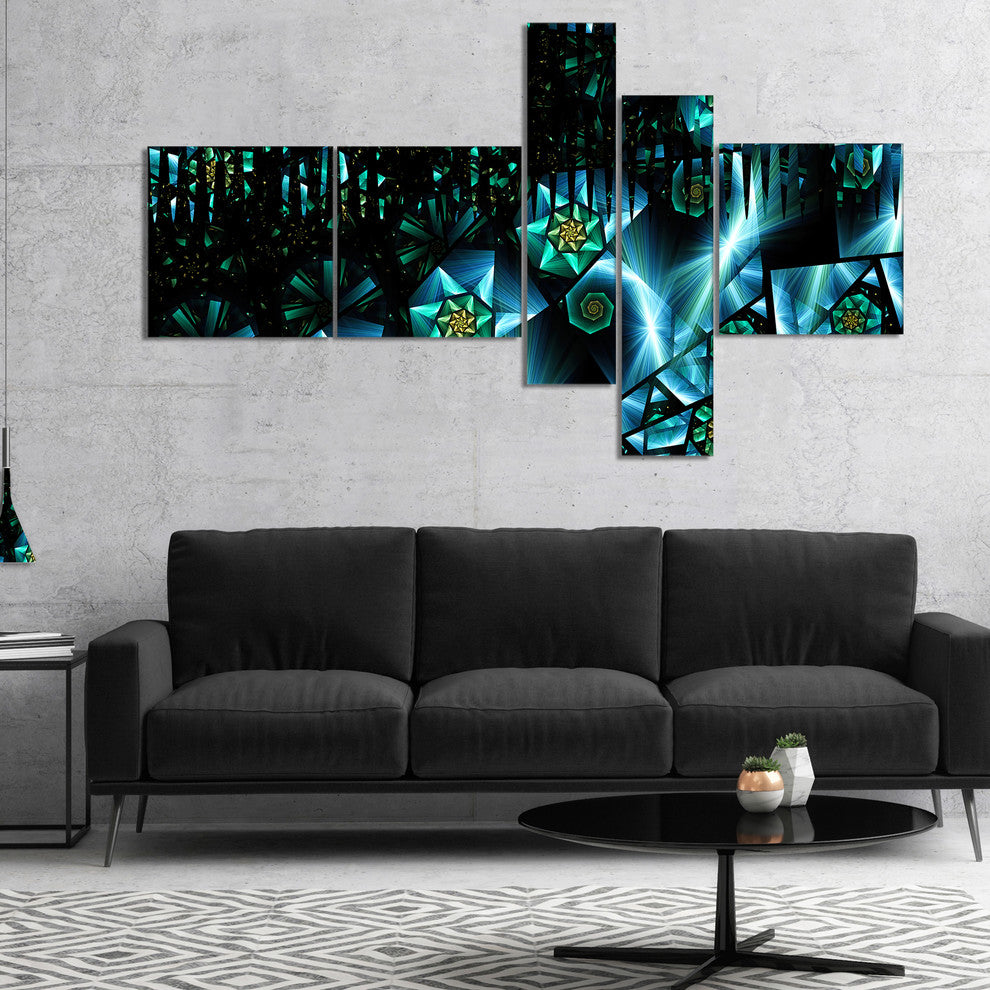 Bright Blue Fractal Flowery Sky, Abstract Wall Art Canvas, 60"x32", 5 panels