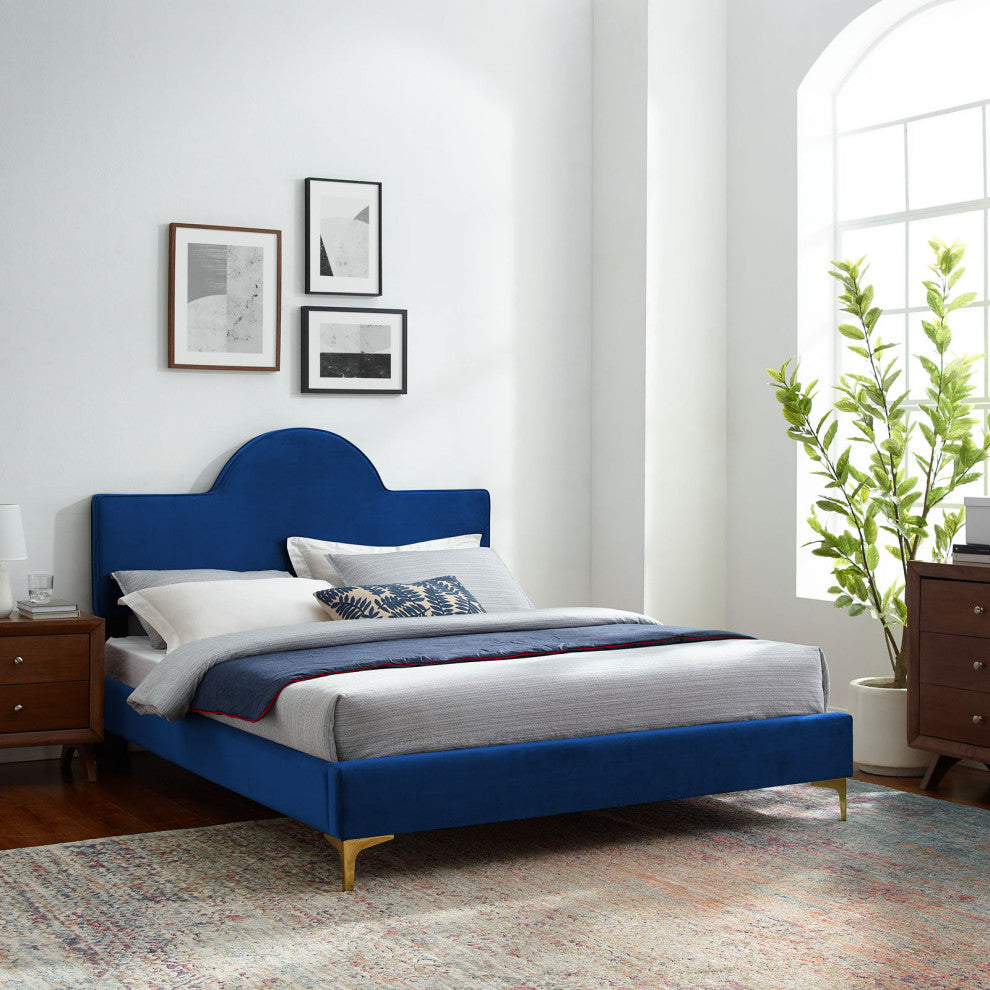Platform Bed Frame, King Size, Blue Navy, Velvet, Modern, Bedroom Guest Suite