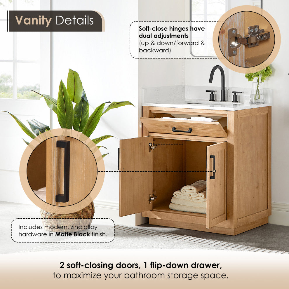Gavino Vanity With Grain White Composite Stone Top, Light Brown/Matte Black, 30", With Mirror