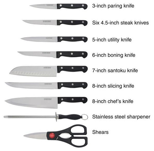 Oceanstar KS1194 Contemporary 15-Piece Knife Set with Block, Elegant Black