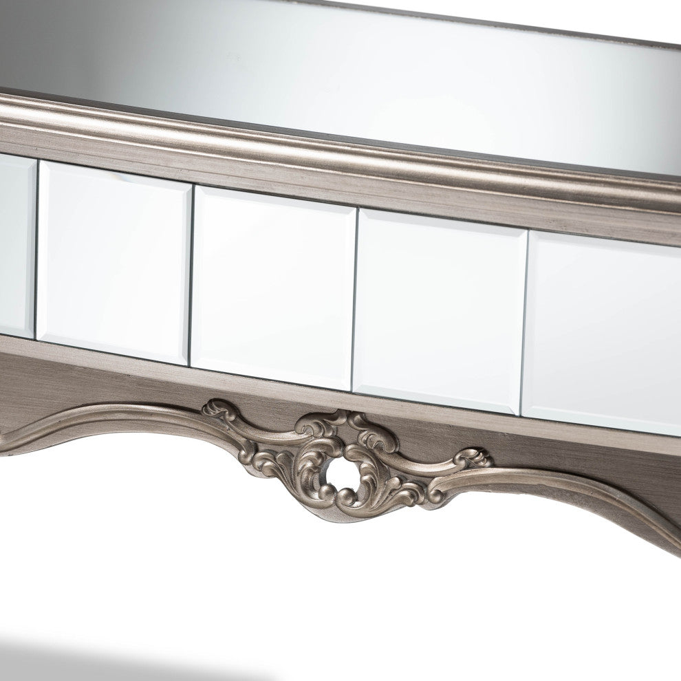 Elgin Contemporary Brushed Silver Finished Wood and Mirrored Glass Console Table