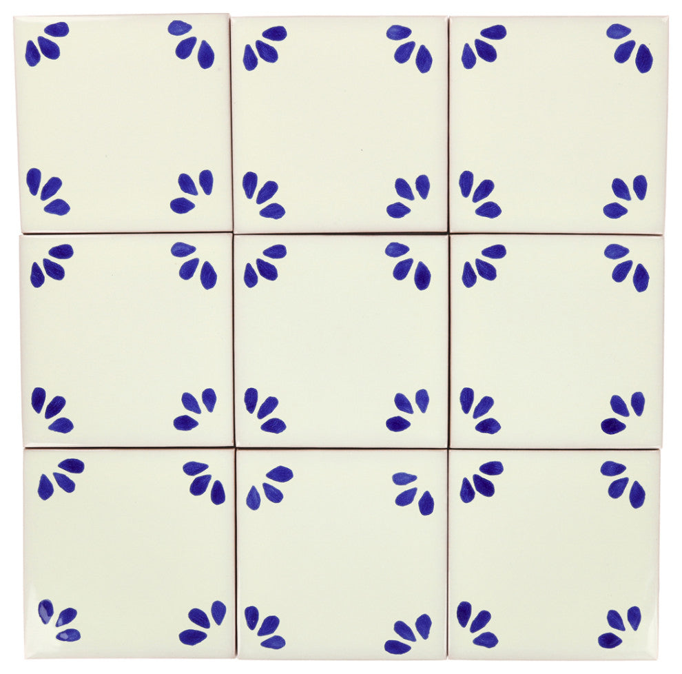 4.25"x4.25" Talavera Mexican Handmade Ceramic Tile, Blue Ville, Set of 9