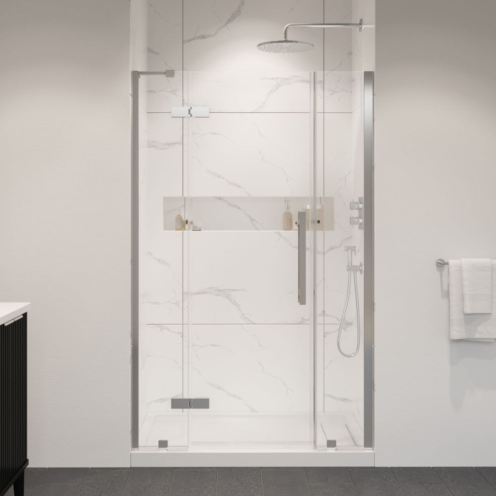 Tampa Alcove Frameless Pivot Hinge Shower Door Kit With Base Pan, Satin Nickel, 48x32"