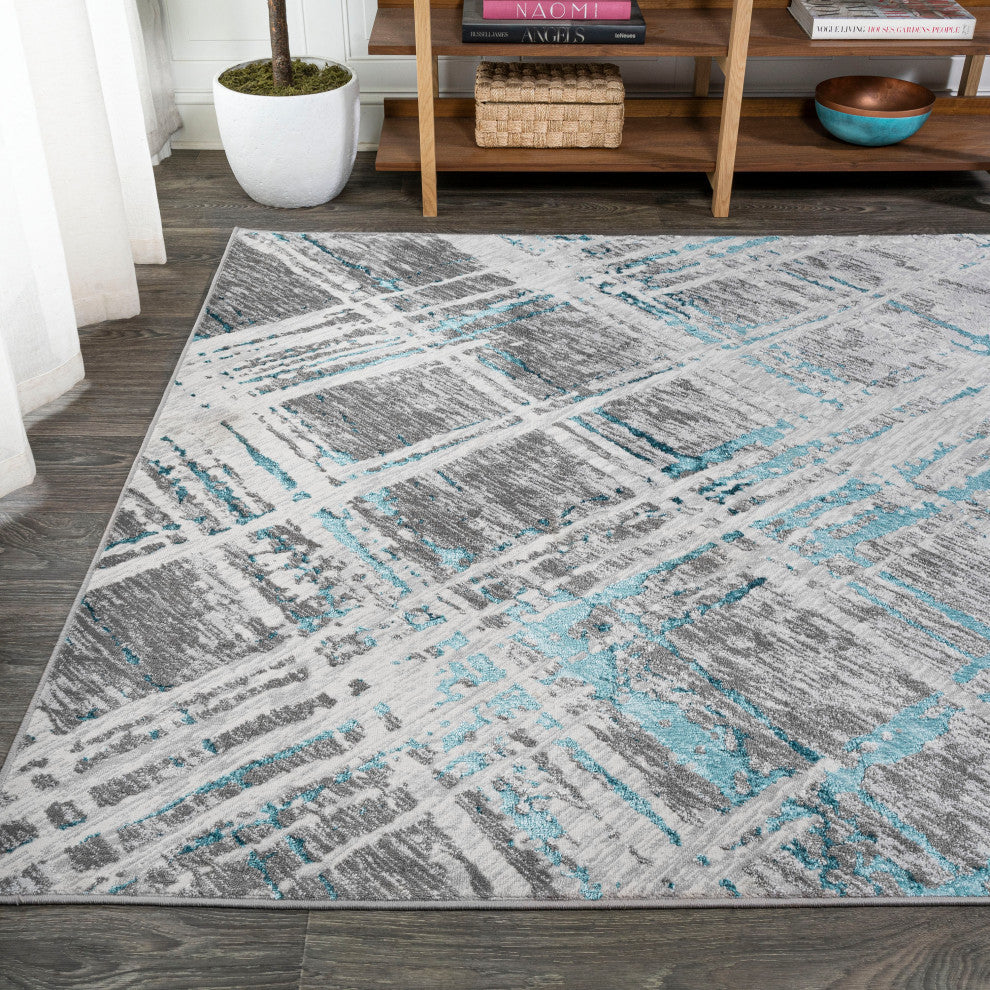 Slant Modern Abstract Area Rug, Gray/Turquoise, 8 X 10