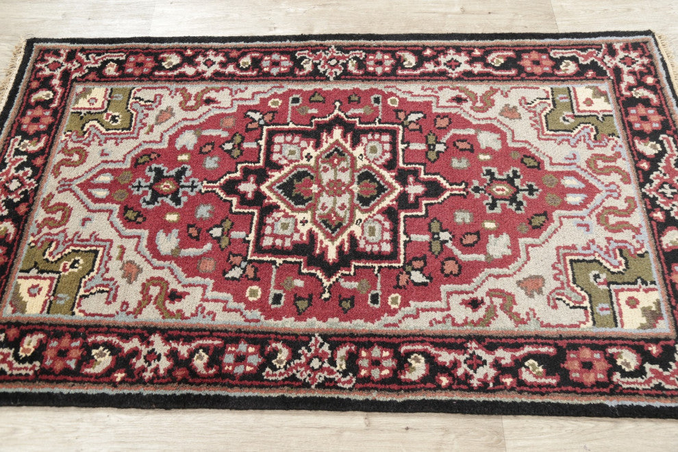 Traditional Heriz Oriental Hand-Knotted Indian Area Rug, Red, 4'11"x2'11