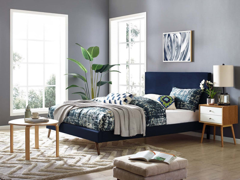 Contemporary Modern Bedroom Twin Size Headbaord, Velvet Fabric, Navy Blue