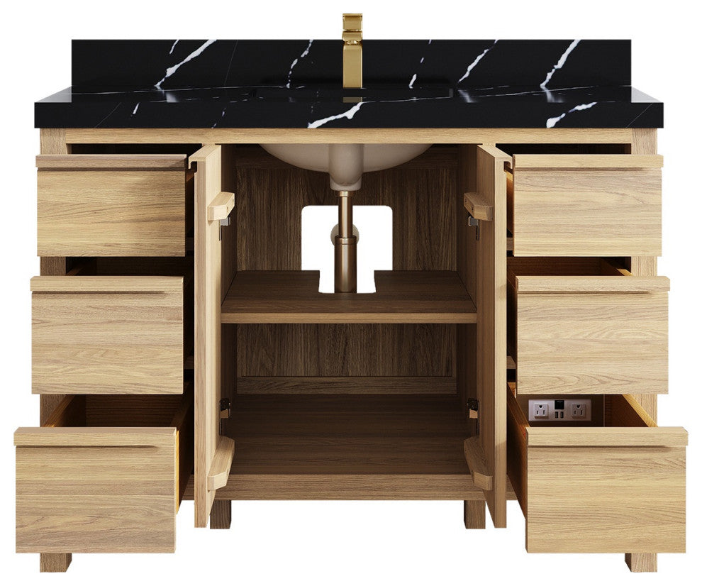 Elizabeth Oak 48" Single Sink Vanity, White 2" Calacatta Black
