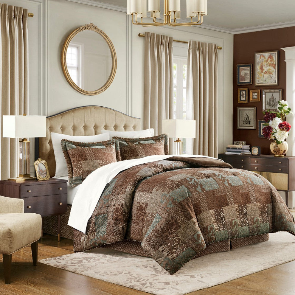 Croscill Galleria Traditional Patchwork 4-Piece Comforter Set, Brown, King