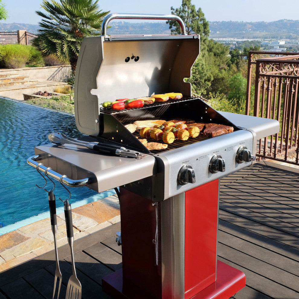 Kenmore 3 Burner Gas Grill with Side Shelves, Red