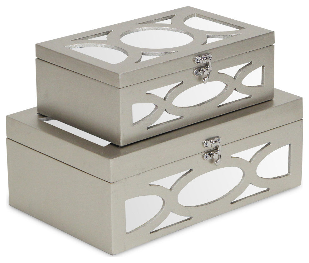 Set of Two Tan Oval Scroll Mirror Jewelry Storage Boxes