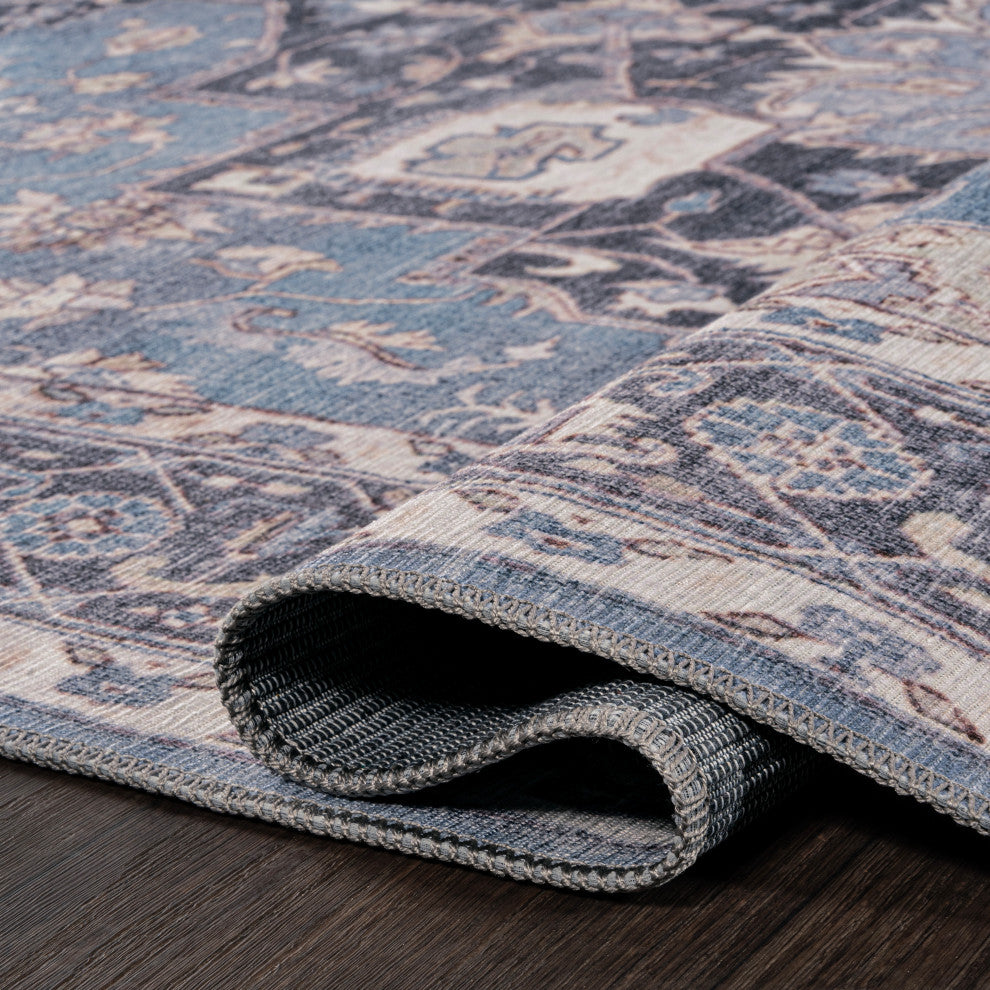 Maris Ornate Medallion Machine-Washable Blue/Cream 4 ft. x 6 ft. Area Rug