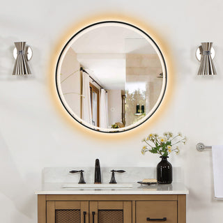 Palme Round Framed Bathroom/Vanity LED Lighted Wall Mirror, Matte Black, 24"