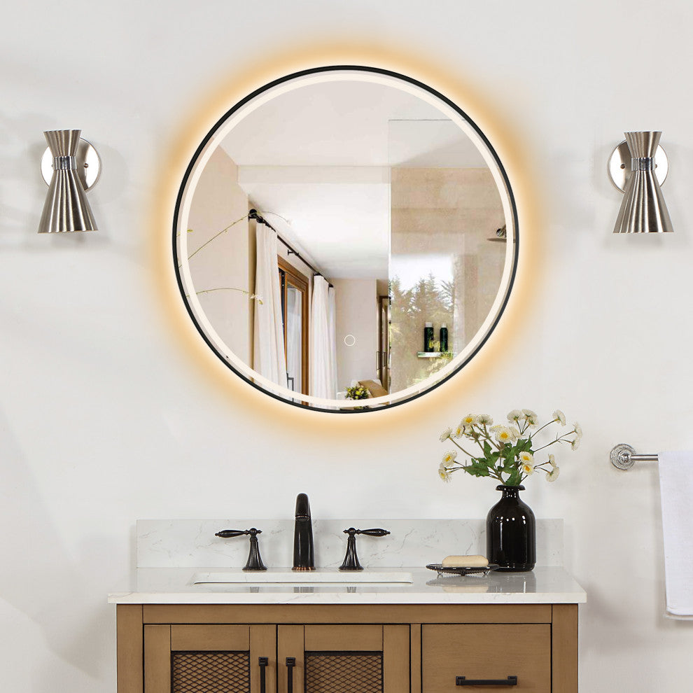 Palme Round Framed Bathroom/Vanity LED Lighted Wall Mirror, Matte Black, 24"