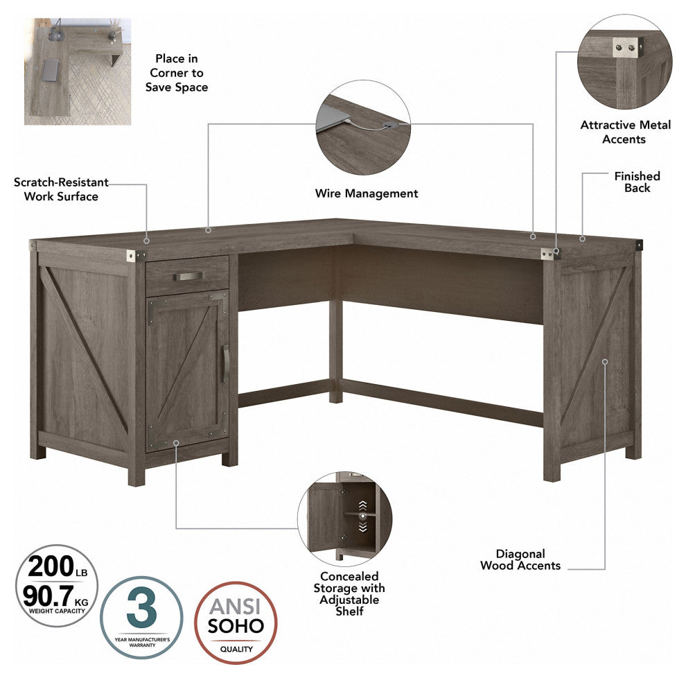 kathy ireland Cottage Grove 60 L Shaped Desk, Cabinet & Bookcase, Restored Gray
