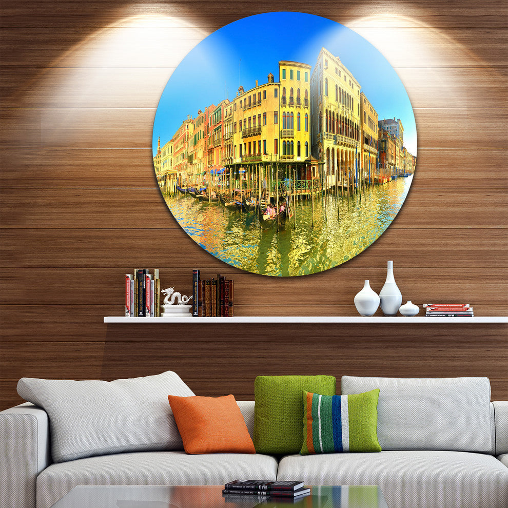 Yellow Tinged Grand Canal Panorama, Cityscape Disc Metal Wall Art, 11"