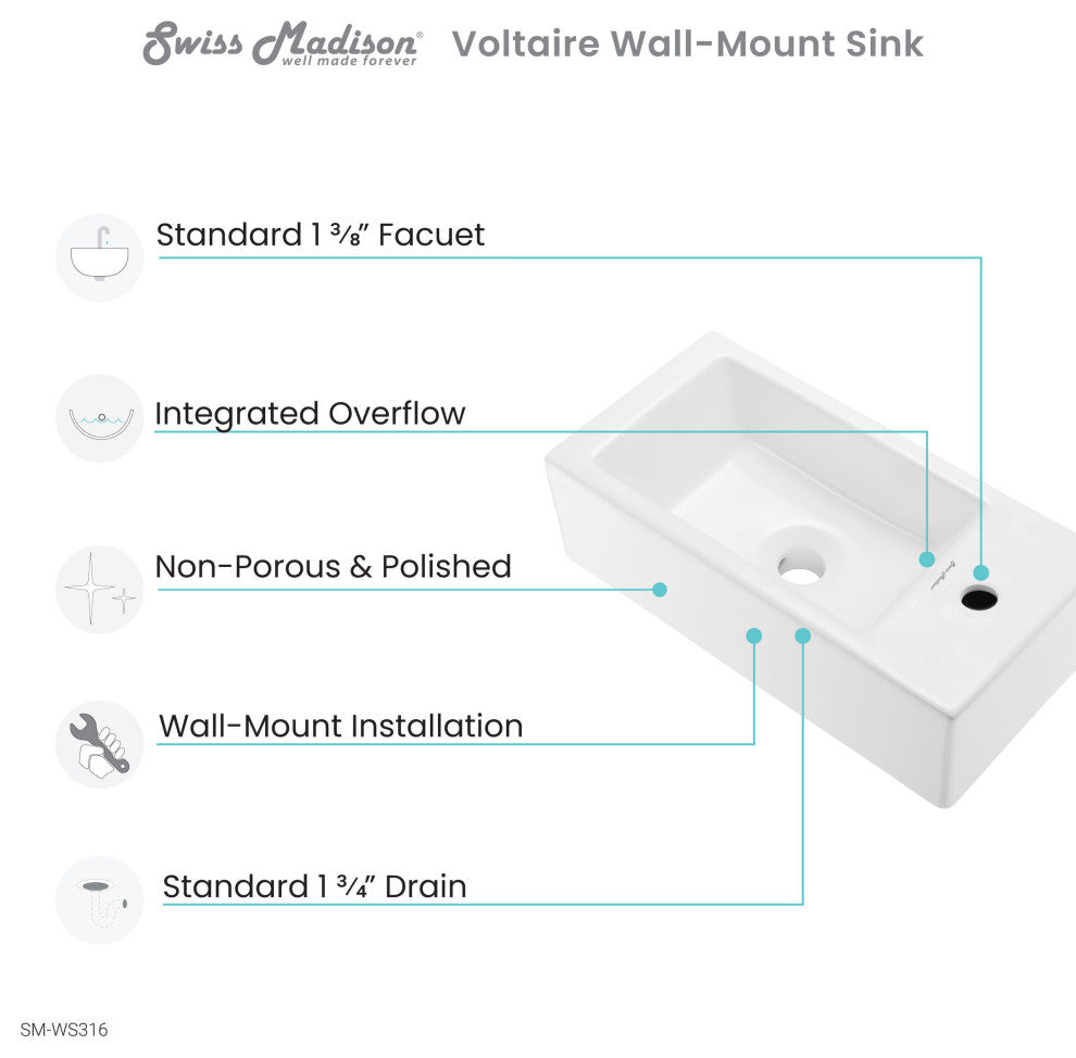 Voltaire 19.5"x10" Ceramic Wall Hung Sink With Faucet Mount, Right Side