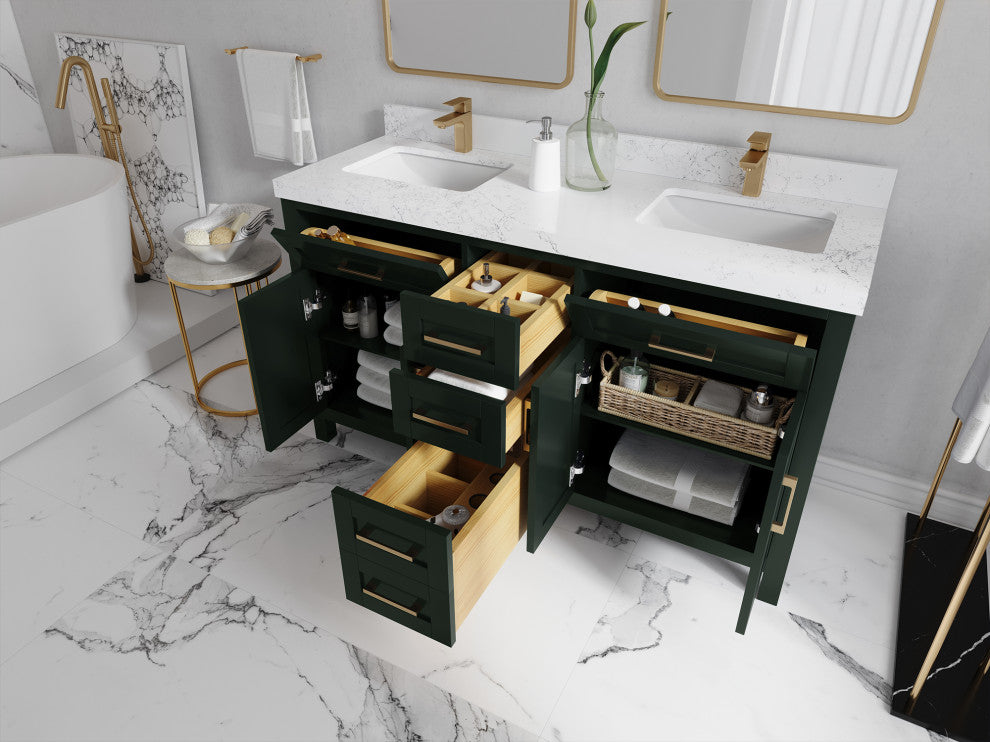 Cambridge 60 Double Bathroom Vanity in Dark Forest Green 2" White Quartz