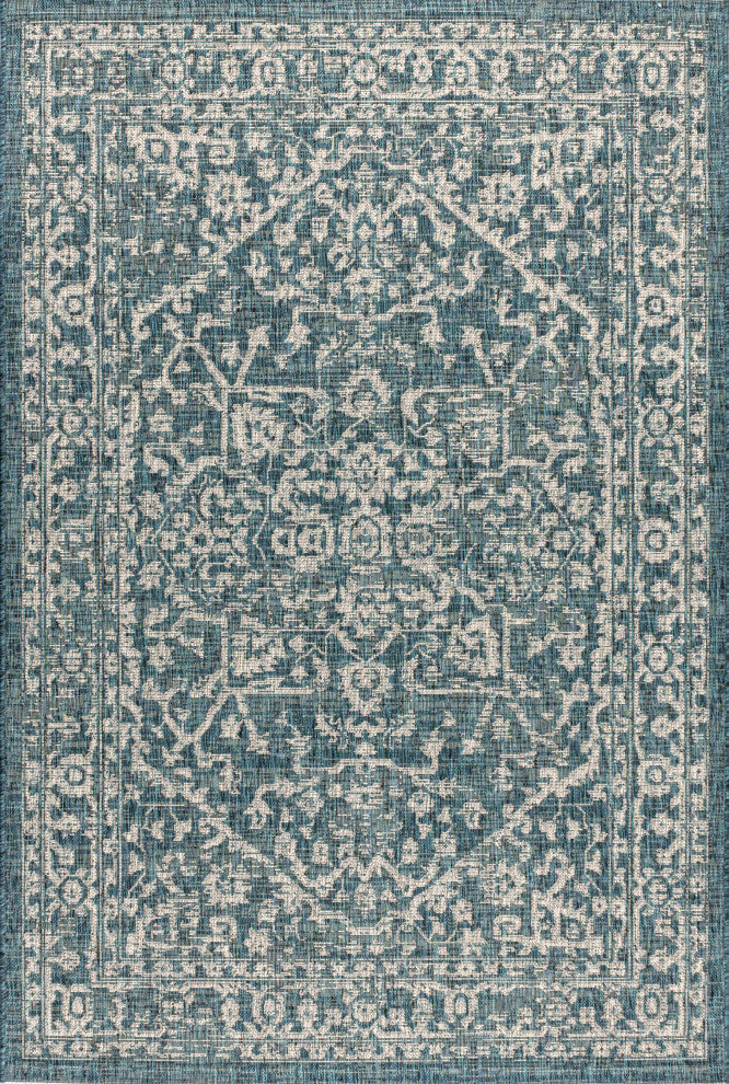 Malta Boho Medallion Textured Weave Indoor/Outdoor, Teal/Gray, 3x5