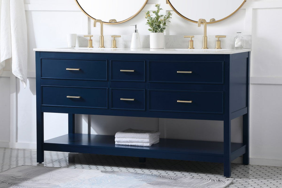 Elegant VF19060DBL-BS 60"Double Bathroom Vanity, Blue With Backsplash
