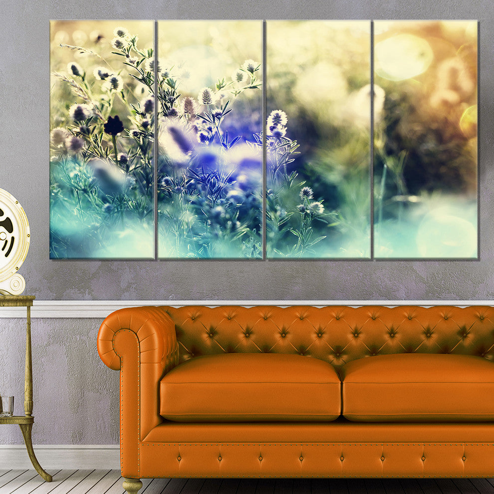 Blue Mountain Meadow Flowers, Floral Canvas Art Print, 48"x28", 4 Panels
