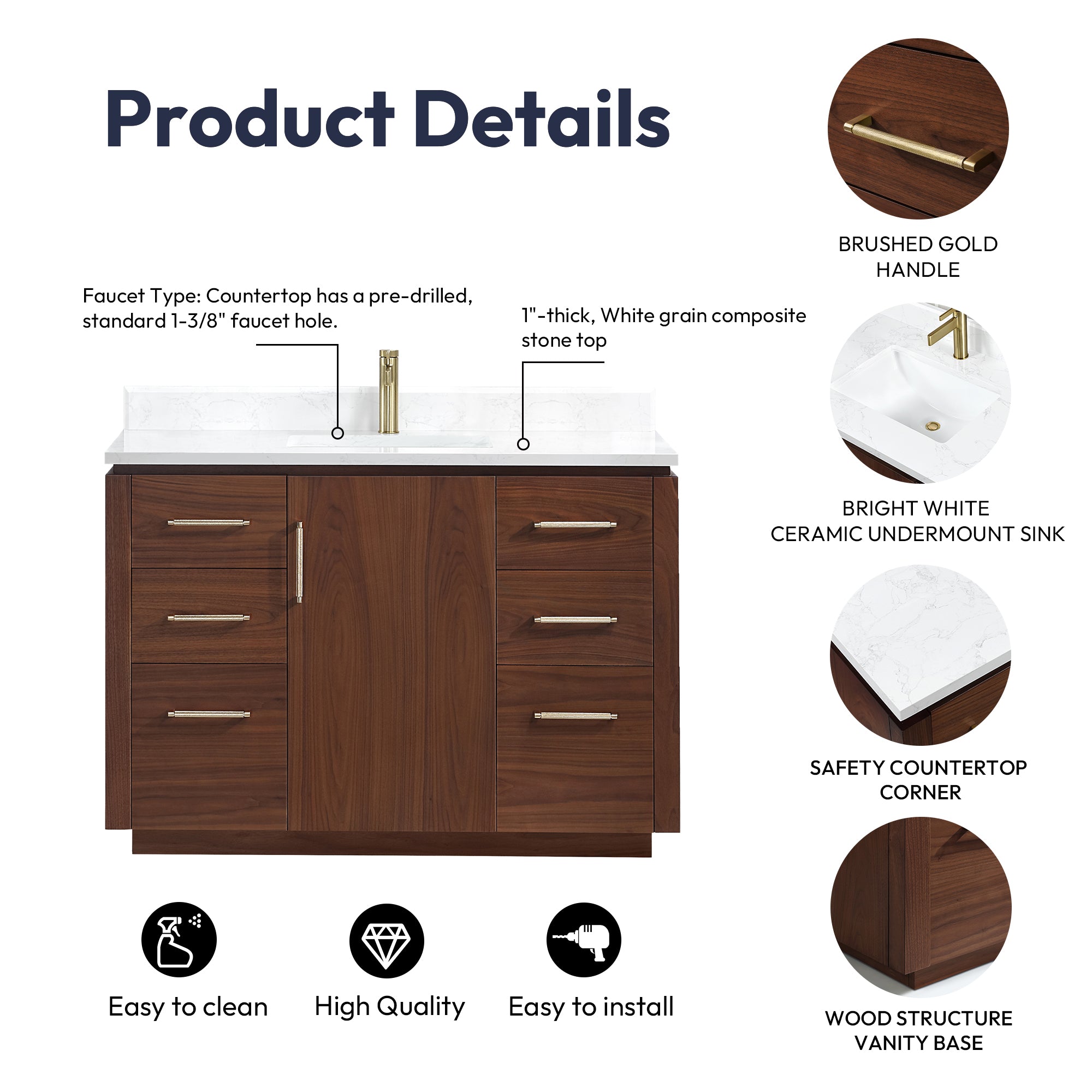 San Bath Vanity with Stone Top, Natural Walnut, 48", Single Vanity, No Mirror