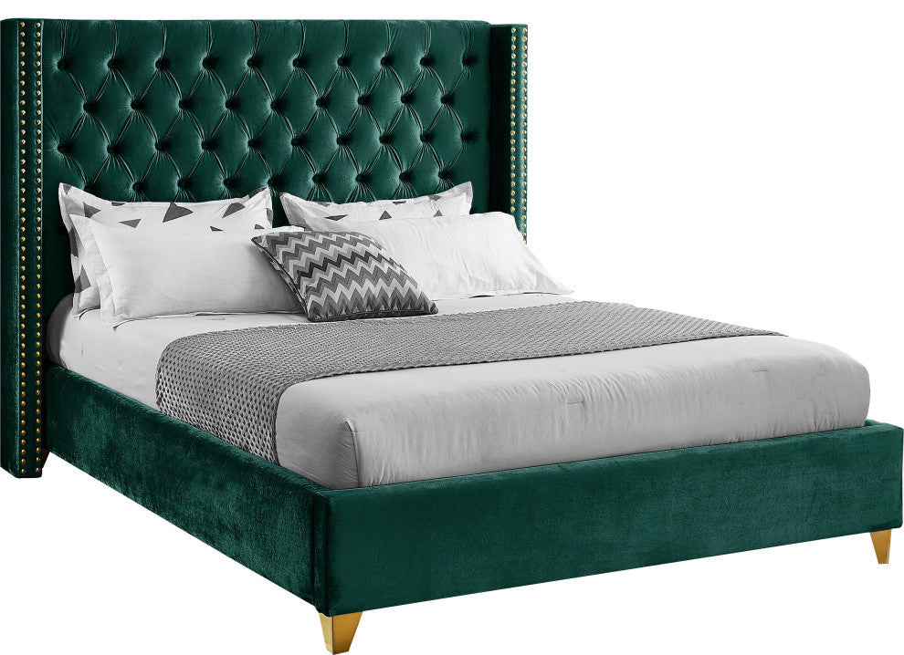 Barolo Velvet Upholstered Bed, Green, Queen
