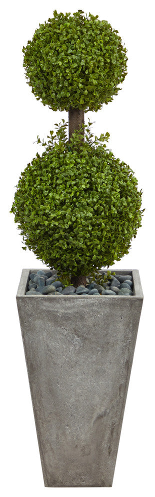 Primary product image: full topiary in cement planter on white background; no text overlays.