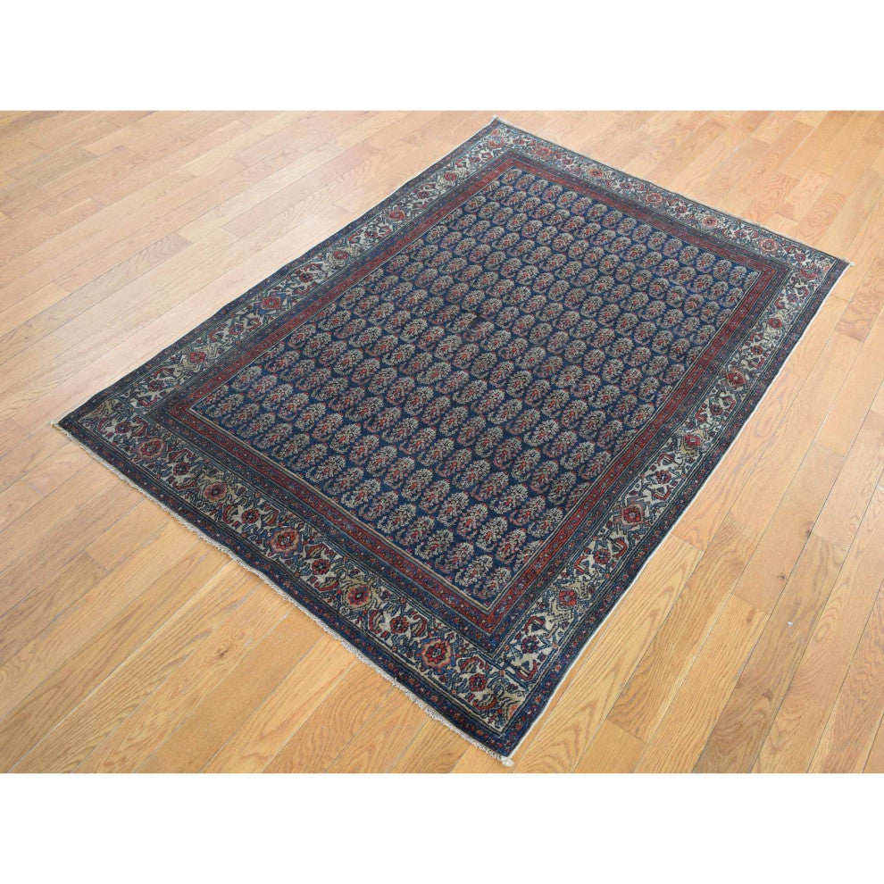 Yankees Blue, Antique Persian Senneh, Hand Knotted Pure Wool Rug, 4'x6'