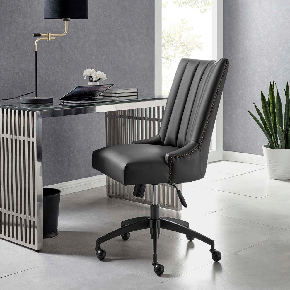 Computer Work Desk Tufted Chair, Faux Vegan Leather, Black, Home Business Office