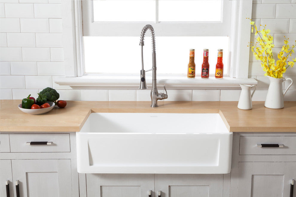 Solid Surface White Stone Front Farmhouse Single Bowl Kitchen Sink, Matte White