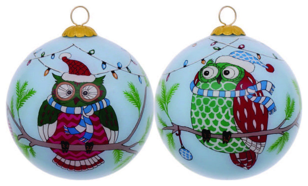 Whimsical Owl Hand Painted Mouth Blown Glass Ornament