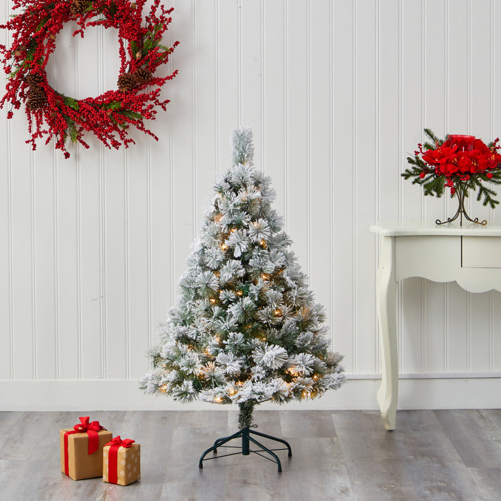 Nearly Natural 4ï¿½Flocked Oregon Pine Artificial Christmas Tree /100 Clear Lights