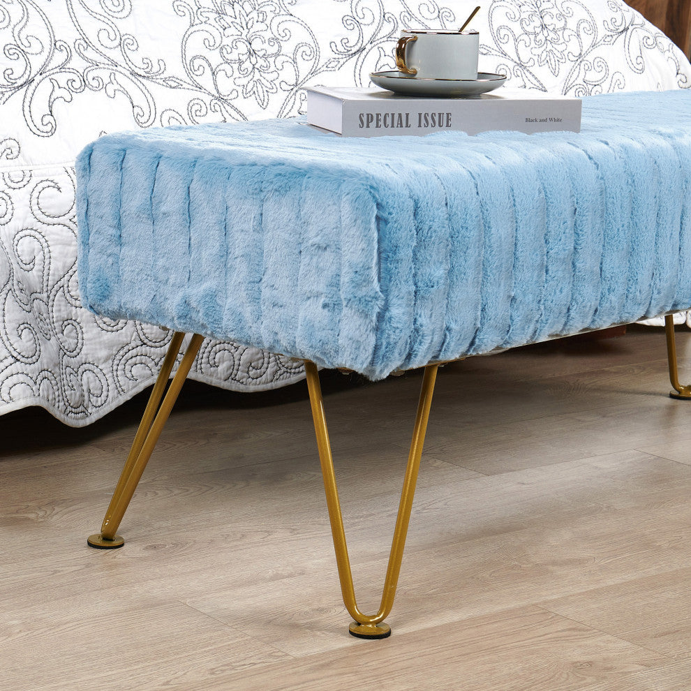 Super Mink Rectangle Ottoman With Golden Legs, Forget Me Not, 46"x16"x17"