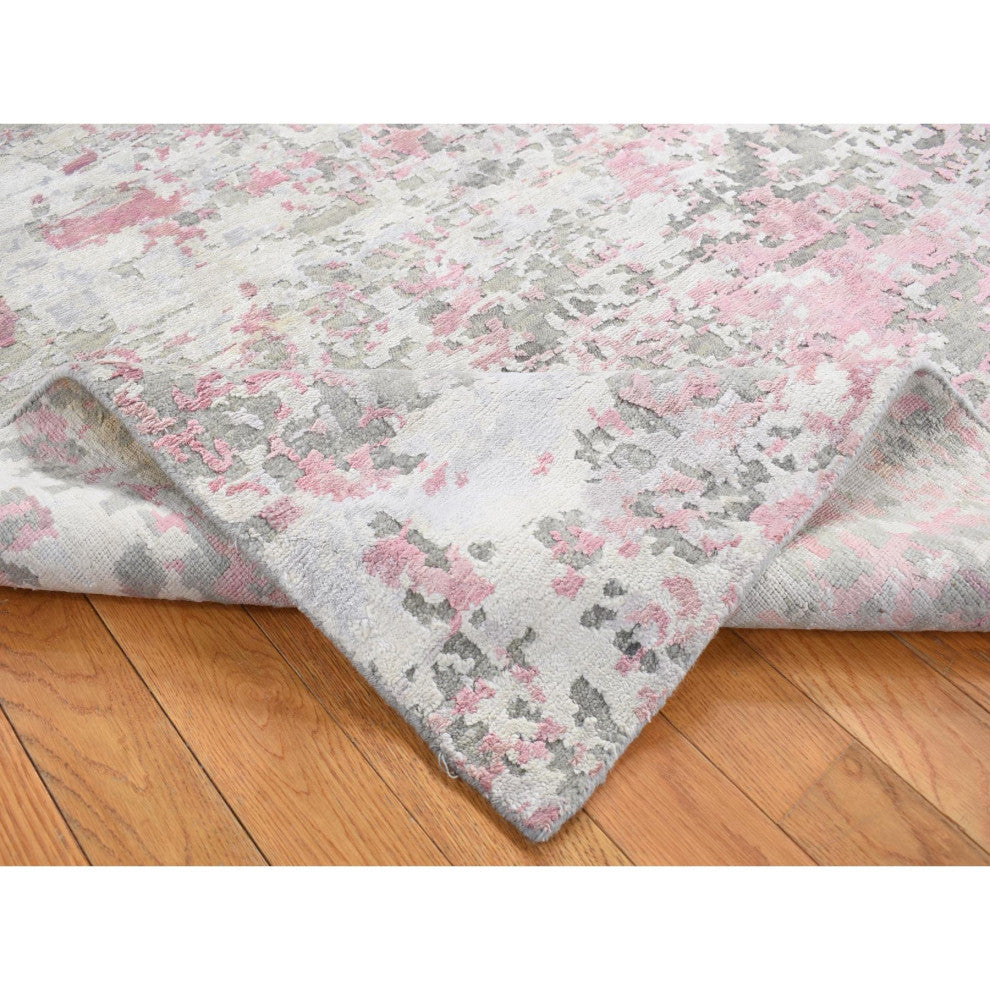 Pink Hi-Lo Pile Abstract Design Wool and Silk Hand Knotted Rug 5'10"x8'9"