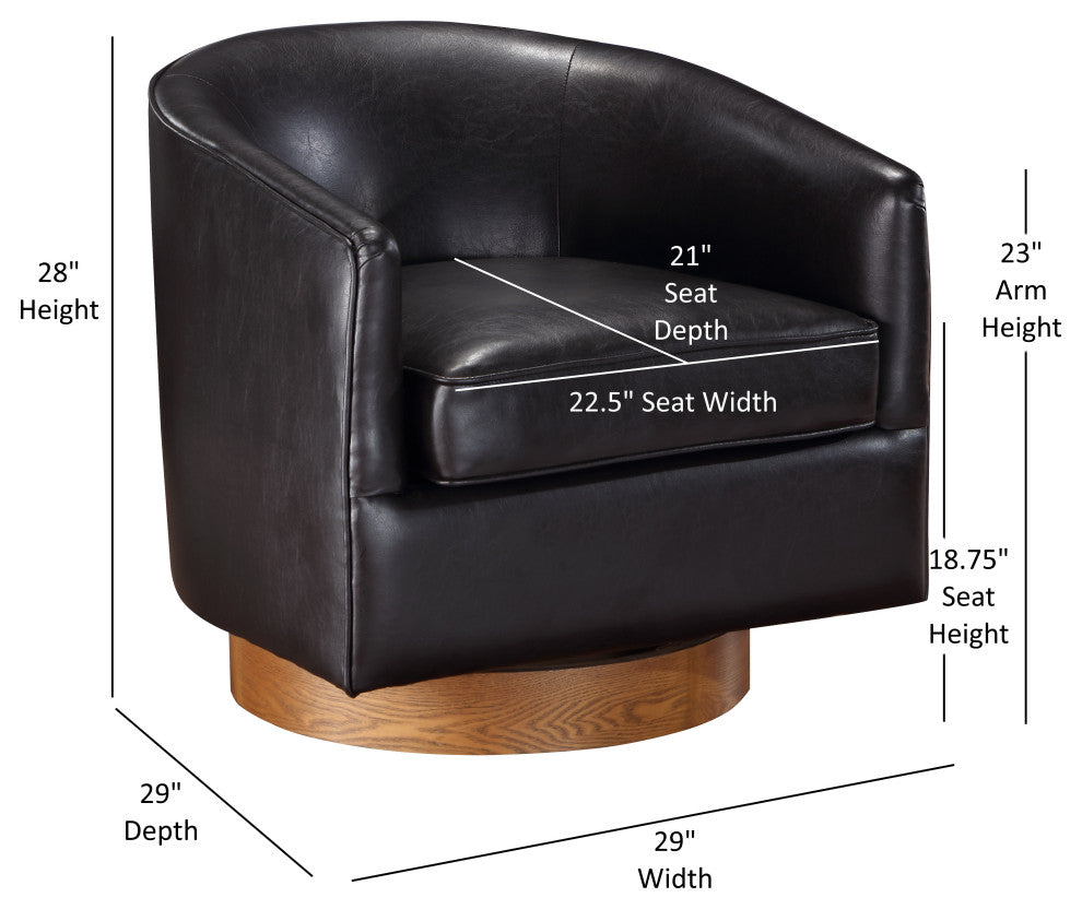 Irving Faux Leather Wood Base Barrel Swivel Chair, Dark Brown