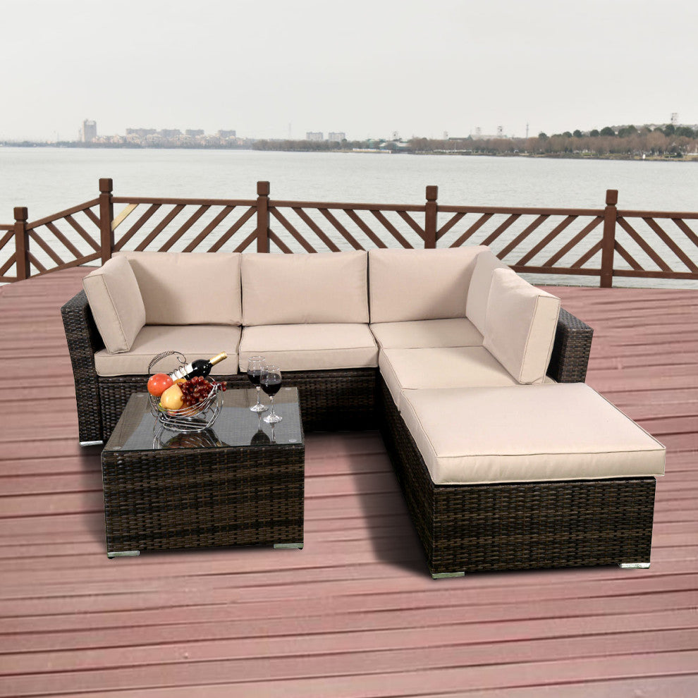 Costway 4PCS Wicker Cushioned Patio Rattan Furniture Set Sofa 5 Seat Garden