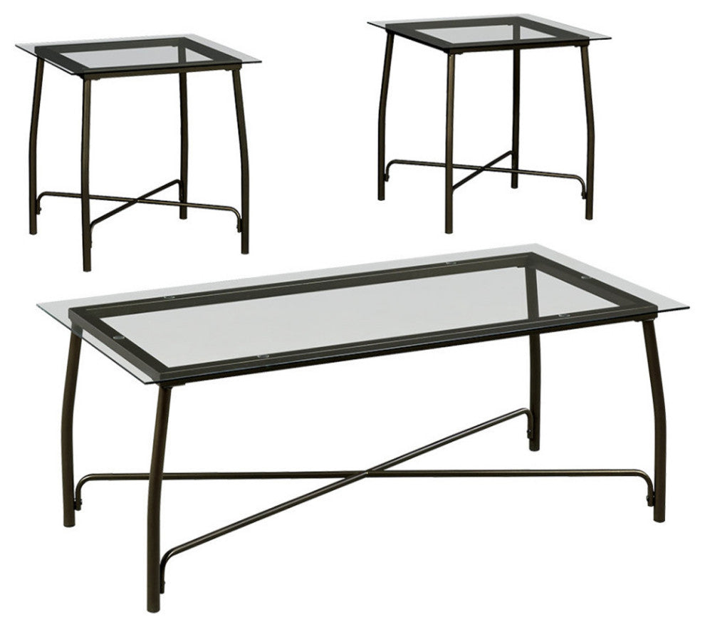 Curved Metal Framed Table Set with Glass Top & Cross Base, Set of 3, Bronze
