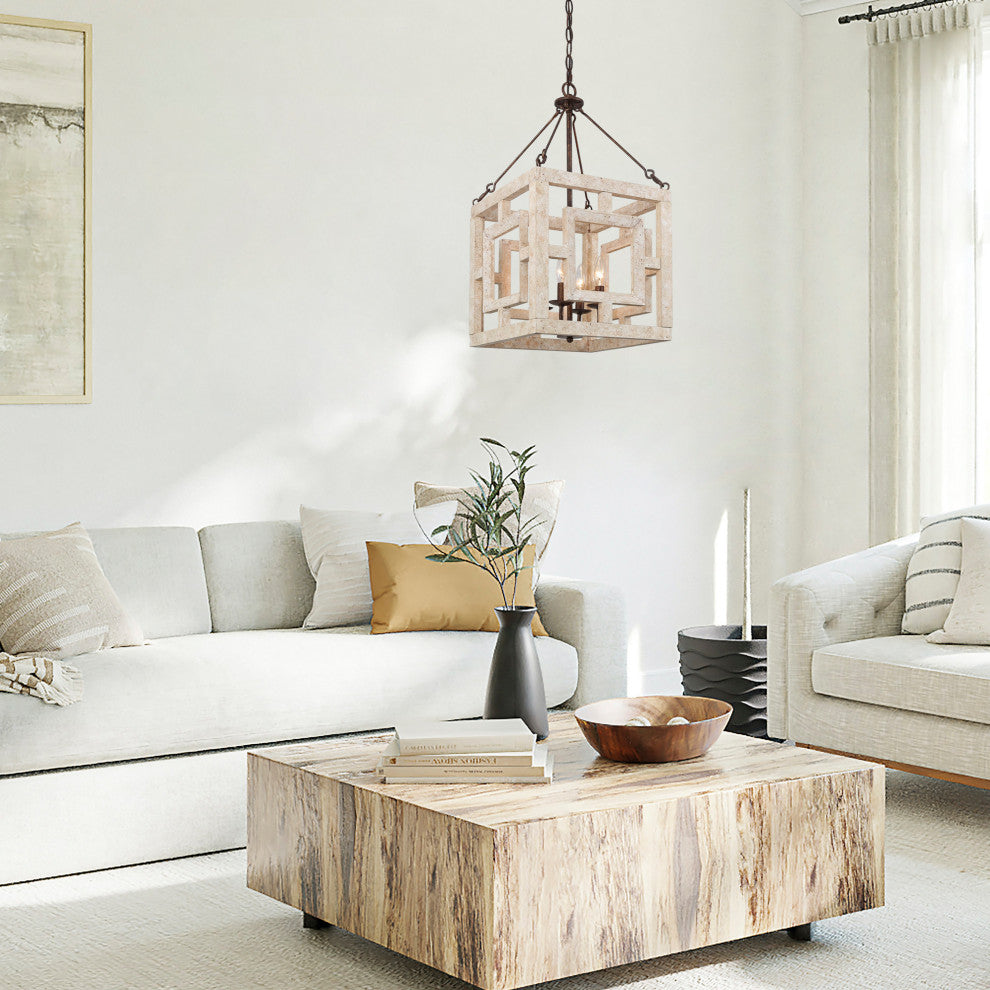 LNC Farmhouse 4-Light Bronze/Off-White Sqaure Wood Chandelier