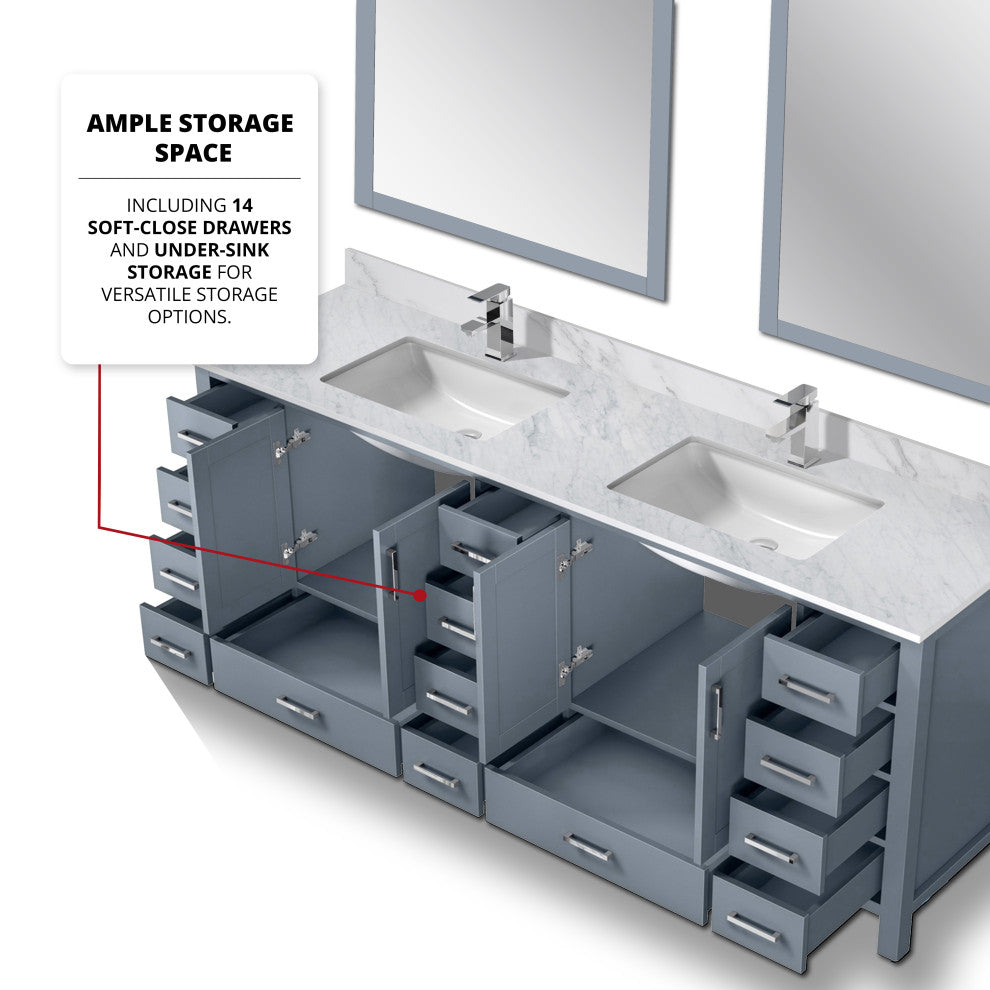 Jacques 84" Dark Gray Double Vanity Carrara Marble Top Sinks, 34" Wall Mirrors