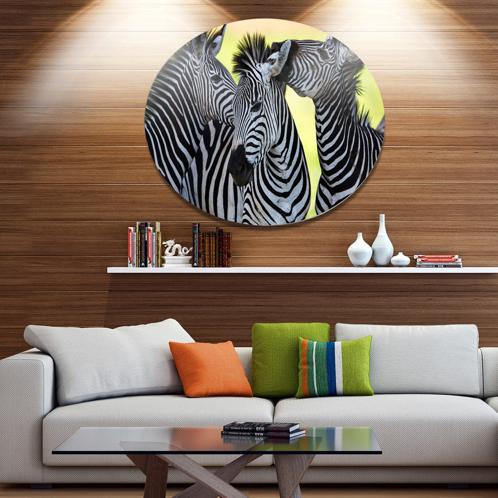 Zebras Socializing And Kissing, African Disc Metal Wall Art, 23"