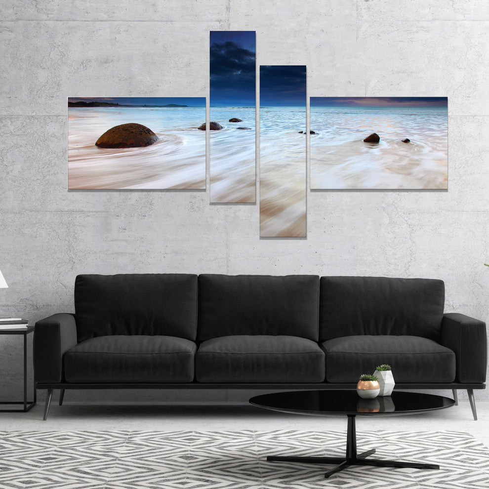 Waves Flowing Over Boulders, Seashore Photo Canvas Art Print, 60"x32", 4 panels