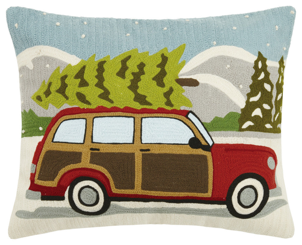 Wagon With Xmas Tree Crewel Embroidered Pillow
