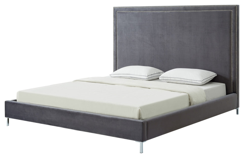 Giovanna Nailhead Trim Platform Bed, Gray Velvet, Queen