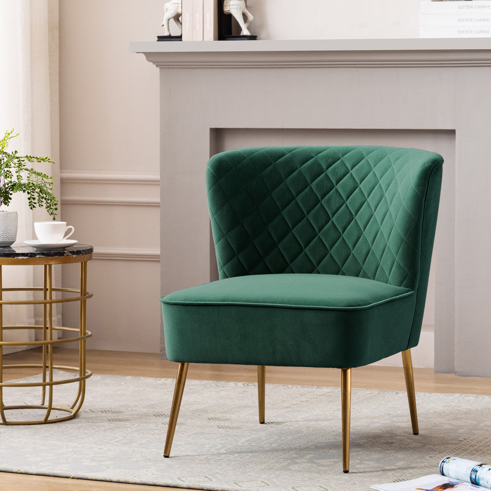 Diamond Stitched Bright Velvet Slipper Chair, Dark Green