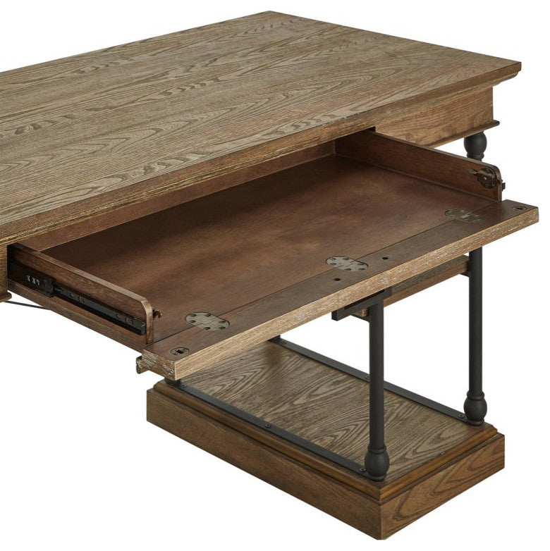 Industrial Desk, Metal Legs With Wooden Top & Open Comparments, Brown